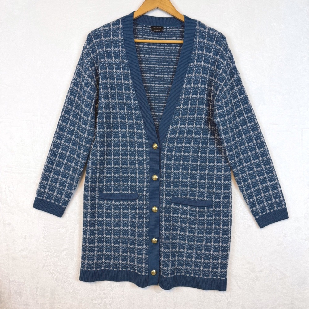 Talbots Pure Merino Wool Cardigan Classic Plaid Button Front M Old Money Capsule - Picture 1 of 7